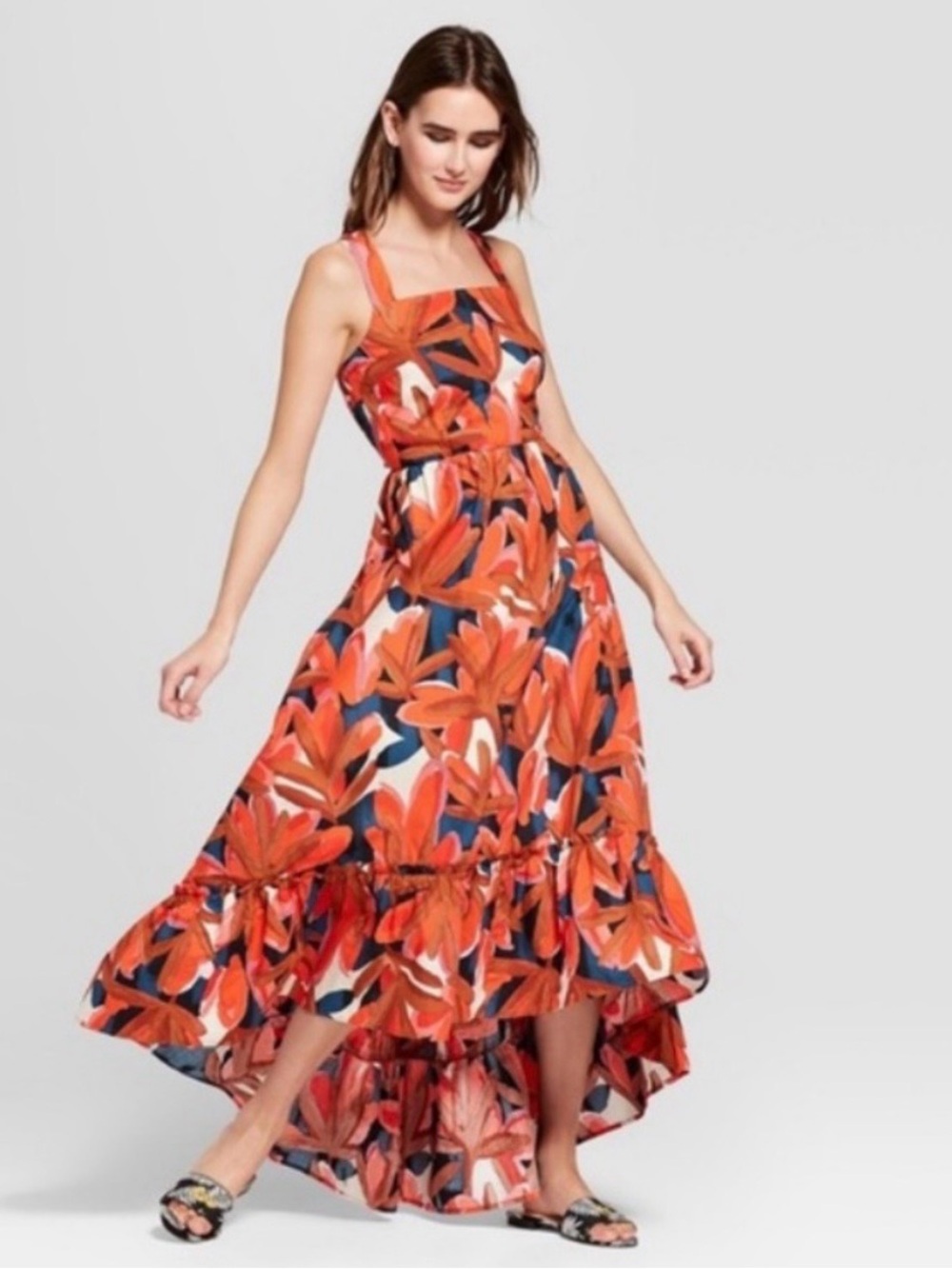 Target Who What Wear Floral Sleeveless High Low Ruffle Maxi Dress Orange Small